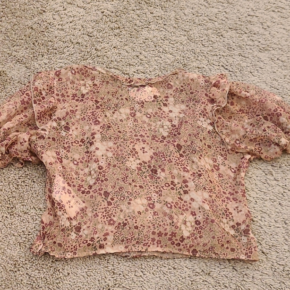 Anthropologie Floral Sheer Cropped Puff Sleeve Blouse PXXS - Picture 11 of 15